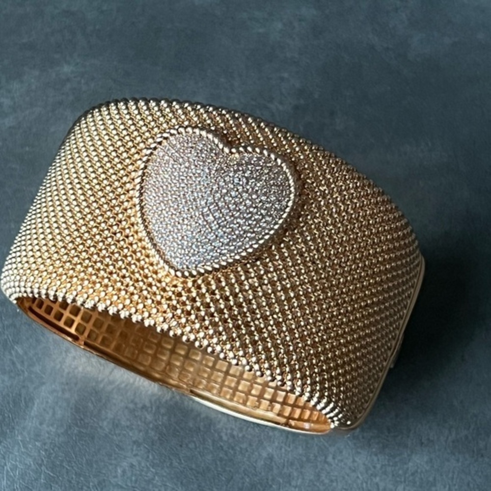 Adina Eden Pave Heart Accented Wide Mesh Bangle Stylish Elegant Modern Bracelet